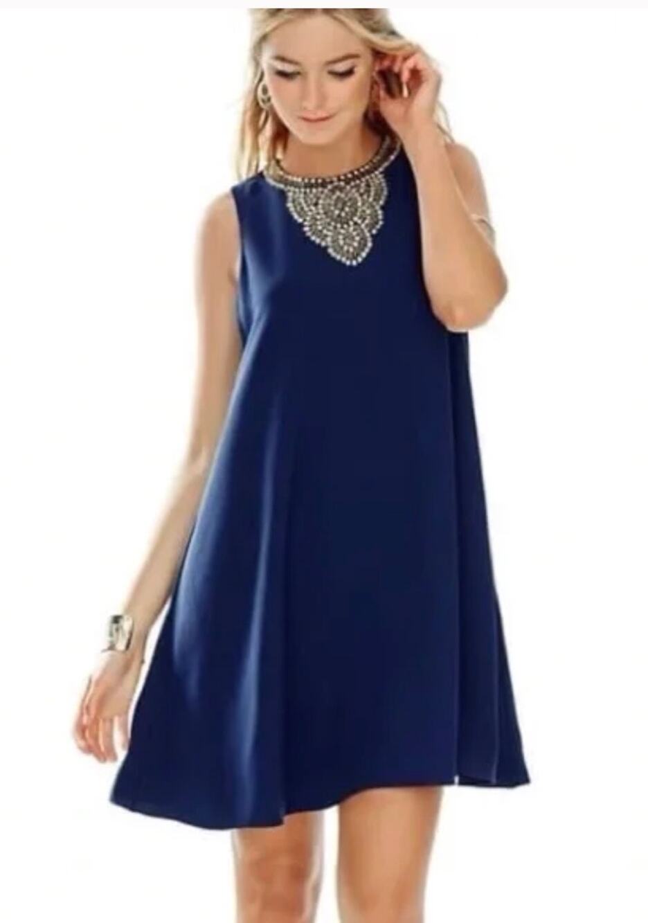Lilly Pulitzer Womens M Navy Blue Swing Gold Beaded Boho Sleeveless Mini Dress